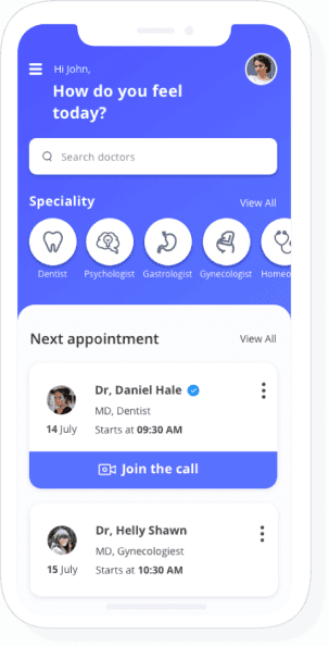 vDoctor telemedicine app — patient booking screen